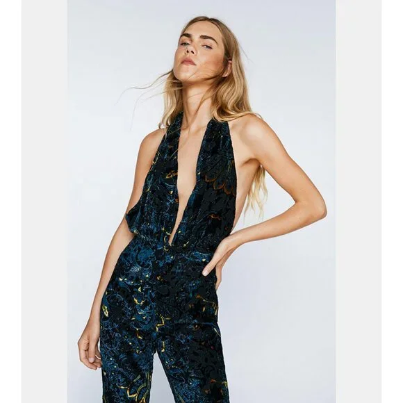 🦋🔥💋UBER GORGE!💋🦋🔥70's Inspired Floral Devoré Velvet Halter Flared Jumpsuit - Picture 5 of 10